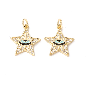 Brass Micro Pave Clear Cubic Zirconia Pendants, with Jump Rings and Enamel, Cadmium Free & Lead Free, Real 18K Gold Plated, Long-Lasting Plated, Star with Eye, Pale Turquoise, 17.5x16x2mm, Hole: 3mm