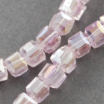 Electroplate Glass Beads Strands, AB Color Plated, Faceted, Cube, Pearl Pink, 4x4x4mm, Hole: 1mm, about 100pcs/strand, 17 inch