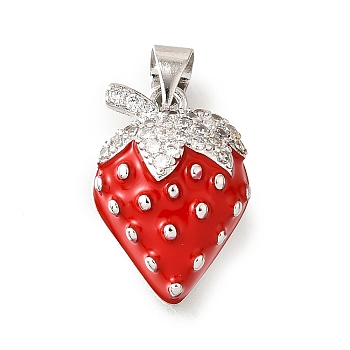 Brass Micro Pave Clear Cubic Zirconia with Enamel Pendants, Strawberry Charms, Platinum, 18x12.5x6mm, Hole: 4.5x3.5mm