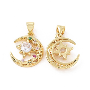Brass Micro Pave Cubic Zirconia Pendants, Moon with Sparkling Star Charm, Golden, 22x14.5x3mm, Hole: 5x3mm
