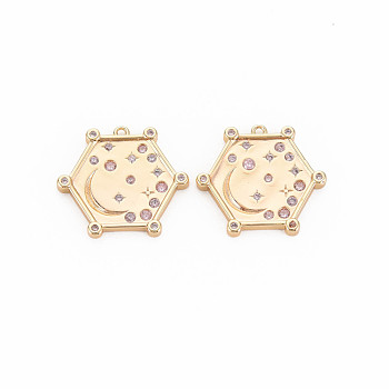 Brass Micro Pave Cubic Zirconia Pendants, Nickel Free, Real 18K Gold Plated, Hexagon with Moon & Star, Pink, 18x20x2.5mm, Hole: 1mm