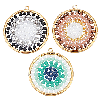 Unicraftale 3pcs 3 colors 304 Stainless Steel Pendants, with Glass Beads, Flat Round with Eye, Mixed Color, 38~38.5x35~35.5x2.5~3mm, Hole: 2mm, 1pc/color