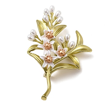 Alloy Enamel Lapel Pin Brooches, Shawl Pins for Women, Jasmine, with Imitation Pearl, Golden, 45x70mm