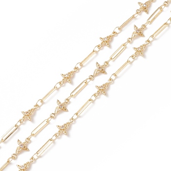 Clear Cubic Zirconia Flower Link Chains, with Brass Paperclip Chains, Soldered, with Spools, Cadmium Free & Lead Free, Real 14K Gold Plated, Bar: 9.5x2.5x0.6mm, Flower: 11.5x7x2mm