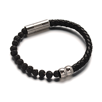 Leather Cord Bracelets, with Lava Rock Beads & 304 Stainless Steel Magnetic Clasps, Lava Rock, 51x63mm