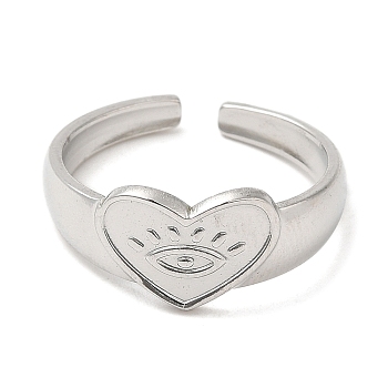 304 Stainless Steel Open Cuff Rings, Heart with Eye, Stainless Steel Color, US Size 7 1/4(17.5mm)