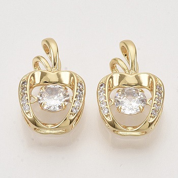 Brass Micro Pave Clear Cubic Zirconia Pendants, Nickel Free, Apple, Real 18K Gold Plated, 16x10.5x5mm, Hole: 2.5x4.5mm