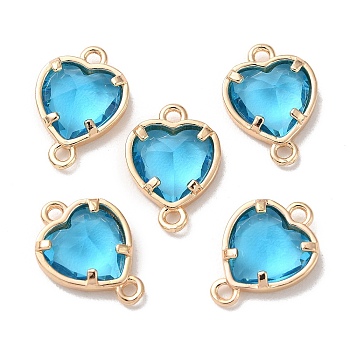 K9 Glass Connector Charms, Heart Links with Golden Tone Brass Findings, Light Sapphire, 14x10x4.5mm, Hole: 1.2mm