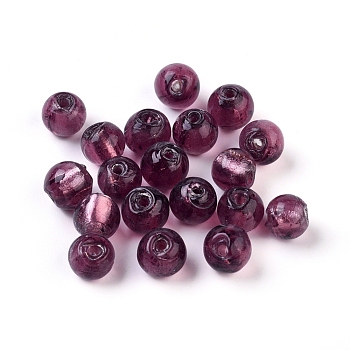 Handmade Silver Foil Glass Beads, Round, Pale Violet Red, 7.5~8.5mm, Hole: 2mm