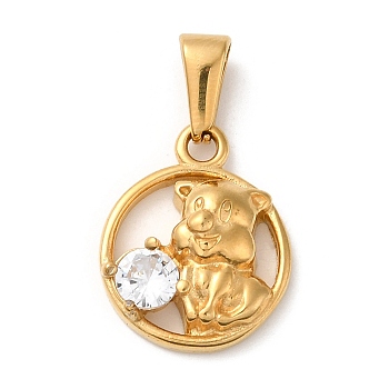 Vacuum Plating 304 Stainless Steel Pendants, with Rhinestone, Long-Lasting Plated, Flat Round with Pig Charm, Golden, 18.5x15x5mm, Hole: 6x3mm