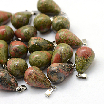 Teardrop Natural Unakite Pendants, with Platinum Tone Brass Findings, 21~24x12~14mm, Hole: 2x7mm
