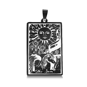 Stainless Steel Pendants, Rectangle with Tarot Pattern, Electrophoresis Black, The Sun XIX, No Size