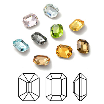 Faceted K9 Glass Rhinestone Cabochons, Pointed Back & Back Plated, Octagon Rectangle, Mixed Color, 10x8x4mm