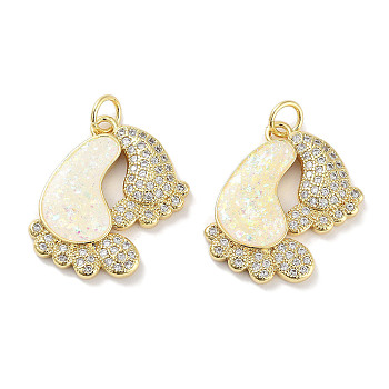 Brass Micro Pave Clear Cubic Zirconia Pendants, with Synthetic Opal and Jump Rings, Real 18K Gold Plated, Foot Print Charms, White, 21x18.5x3mm, Hole: 3mm