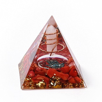 Resin Orgonite Pyramid Home Display Decorations, with Natural Gemstone Chips, Red, 50x50x50mm