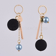 Stud Earrings, with Flat Round Pear Wood Beads, Glass Pearl Round Beads, 304 Stainless Steel Cable Chains, Brass Pendants & Stud Earring Findings & Ear Nuts, Light Blue, 60~68mm, Pin: 0.6mm, Pendant: 48~49x15x8mm(X-EJEW-JE03883-03)