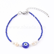 Glass Seed Beaded Bracelets, with Natural Pearl Beads and Evil Eye Lampwork Beads, Blue, 7-1/8 inch(18cm)(BJEW-JB05967-02)