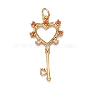 Rack Plating Brass Micro Pave Colorful Cubic Zirconia Pendants, Cadmium Free & Nickel Free & Lead Free, Long-Lasting Plated, with Jump Ring, Key, Real 18K Gold Plated, 28x14x2mm, Jump Ring: 5x0.5mm, Inner Diameter: 3.5mm(KK-M229-43G)