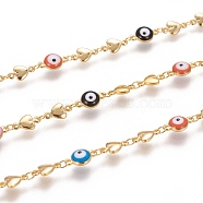 Handmade Brass Link Chains, with Enamel and Spool, Soldered, Long-Lasting Plated, Flat Round with Evil Eye & Star,Colorful, Real 18K Gold Plated, 11x6.5x4mm and 10x5.5x2mm, about 32.8 Feet(10m)/roll(CHC-I034-21G)