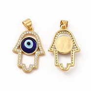 Rack Plating Brass Micro Pave Clear Cubic Zirconia Pendants, with Handmade Evil Eye Lampwork, Cadmium Free & Lead Free, Long-Lasting Real 18K Gold Plated, Hamsa Hand Charm, Medium Blue, 25.5x17x4mm, Hole: 5.5x3.5mm(LAMP-A153-06G-10)