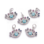 Brass Micro Pave Cubic Zirconia Charms, with Enamel and Jump Rings, Evil Eye, Colorful, Platinum, 13x15x3.5mm, Hole: 3mm(ZIRC-L070-47P)