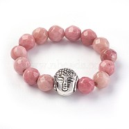 Natural Rhodochrosite Stretch Rings, with Alloy Buddha Beads, Faceted, Round, Antique Silver, Size 8, 18mm(RJEW-JR00223-02)
