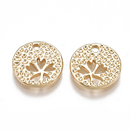 Brass Charms, Nickel Free, Real 18K Gold Plated, Flat Round with Clover, 11x2mm, Hole: 1.5mm(KK-T038-402G)