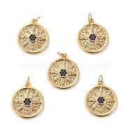 Brass Micro Pave Cubic Zirconia Pendants, Long-Lasting Plated, Cadmium Free & Lead Free, Flat Round with Sun, Real 18K Gold Plated, 18.5x16x2.5mm, Hole: 3.4mm(ZIRC-P092-014G-RS)