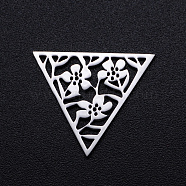 201 Stainless Steel Filigree Joiners Links, Laser Cut, Triangle with Flower, Stainless Steel Color, 17x20x1mm(STAS-S105-JN904-1)