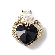 Real 18K Gold Plated Rack Plating Brass Micro Pave Clear Cubic Zirconia Pendants, with Glass, Long-Lasting Plated, Cadmium Free & Lead Free, Butterfly with Heart Charm, Black, 21x17.5x8mm, Hole: 3.5x2.5mm(KK-C015-11G-14)