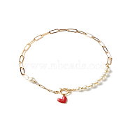 Glass Pearl Beaded Necklaces, with 304 Stainless Steel Paperclip Chains and Heart Charms, Golden, Red, 16.73 inch(42.5cm)(X1-NJEW-TA00004)