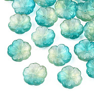Transparent Spray Painted Glass Beads, with Glitter Powder, Two Tone, Flower, Dark Turquoise, 15x15x6mm, Hole: 1.2mm(GLAA-Q089-003-G001)