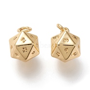 Brass Charms, with Jump Rings, Long-Lasting Plated, 20 Sided Dice Charm, Real 18K Gold Plated, 13.5x9.5x9.5mm, Hole: 3.2mm(KK-F820-26G)