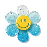 Gradient Color Transparent Acrylic Pendants, with Sequins, Sunflower with Smiling Face Charm, Deep Sky Blue, 30x27x4mm, Hole: 1.6mm(X-OACR-H004-01D)