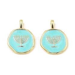 Hannukah Brass Enamel Pendants, Long-Lasting Plated, Lead Free & Cadmium Free, Real 18K Gold Plated, Flat Round with Menorah Charm, Pale Turquoise, 18.5x13.5x1.7mm, Hole: 3.5x2mm(KK-K346-15G)