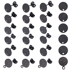 24Pcs 6 Style Flat Round with Textured 304 Stainless Steel Stud Earring Findings, with Ear Nuts/Earring Backs & Loop, Electrophoresis Black, 4pcs/style(STAS-UN0027-38)