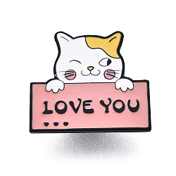 Cat with Word Love You Enamel Pins, Baking Paint Alloy Brooches for Backpack Clothes, Pink, 27.5x30mm(JEWB-N001-26A)