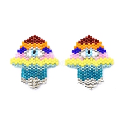Handmade Seed Beads Pendants, with Elastic Thread, Loom Pattern, Hamsa Hand/Hand of Fatima /Hand of Miriam with Eye, Colorful, 34x27~28x1.5mm, Hole: 0.7mm(SEED-I012-37)