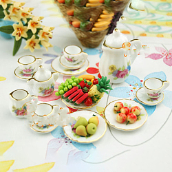 Mini Ceramic Tea Sets, including Teacup, Saucer, Teapot, Cream Pitcher, Sugar Bowl, Miniature Ornaments, Micro Landscape Garden Dollhouse Accessories, Pretending Prop Decorations, Rose Pattern, 15pcs/set(BOTT-PW0002-119D)