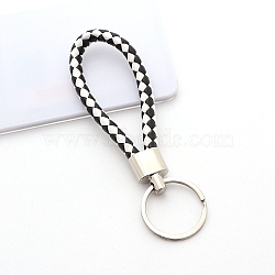 Handwoven Imitation Leather Keychain, with Metal Car Key Ring Chain Accessories Gift for Men and Women, Black, 122x30mm(PW-WG34868-02)