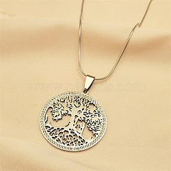 304 Stainless Steel Hollow Tree of Life Pendant Necklaces, with Polymer Clay Rhinestones, Flat Round, Stainless Steel Color, 15.94 inch(40.5cm)(NJEW-S007-15P)