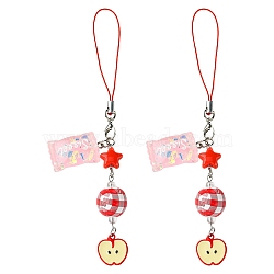 2Pcs Acrylic & Wood & Alloy & Resin Mobile Straps, Apple, Platinum, Red, 130mm(HJEW-YW00339-02)