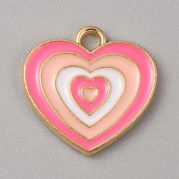 Alloy Enamel Pendants, Golden, Heart Charm, Valentine's Day Theme, Light Coral, 16.5x17x1.8mm, Hole: 2mm