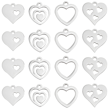 DICOSMETIC 40Pcs 4 Style 304 Stainless Steel Charms, Stamping Blank Tag, Heart, Stainless Steel Color, 12.5~14.9x11.8~14.7x1~1.2mm, hole: 1~2mm, 10pcs/style