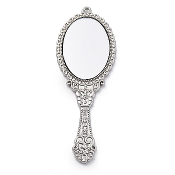 Glass Mirror Pendants, Handheld Mirror Charm, with Alloy Findings, Platinum, 73.5x26x3mm, Hole: 1.8mm