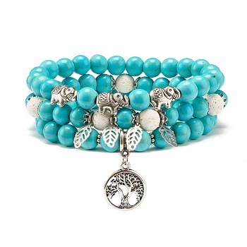 Synthetic Turquoise & Natural Lava Rock Round Beads Stretch Bracelets Set, Gemstone Jewelry with Elephant and Tree of Life for Women, Inner Diameter: 2-1/8~2-3/8 inch(5.5~5.9cm), 3pcs/set