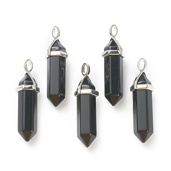 Natural Obsidian Pendants, with Platinum Tone Brass Findings, Bullet, 39.5x12x11.5mm, Hole: 4.5x2.8mm