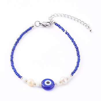 Glass Seed Beaded Bracelets, with Natural Pearl Beads and Evil Eye Lampwork Beads, Blue, 7-1/8 inch(18cm)