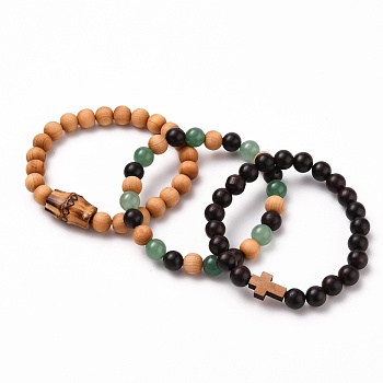 Stretch Bracelets Sets, with Natural Bodhi Beads, Natural Wooden Beads & Green Aventurine Beads, Inner Diameter: 2-1/4 inch(5.7cm), 3pcs/set
