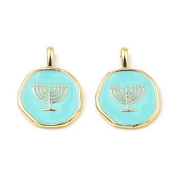 Hannukah Brass Enamel Pendants, Long-Lasting Plated, Lead Free & Cadmium Free, Real 18K Gold Plated, Flat Round with Menorah Charm, Pale Turquoise, 18.5x13.5x1.7mm, Hole: 3.5x2mm